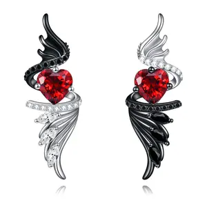 925 Sterling Silver Garnet Angel Wing Punk Silver Black Earrings Gift for Her mystery jewlery girl