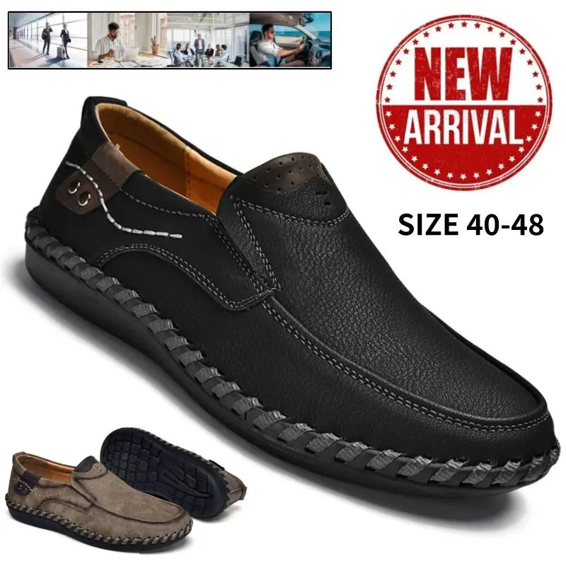 Men's Classic Handmade Leather Loafers - Formal Footwear, Synthetic-Accent Round Toe Ankle Slip-On Flat Shoes for Business Casual Office Wear