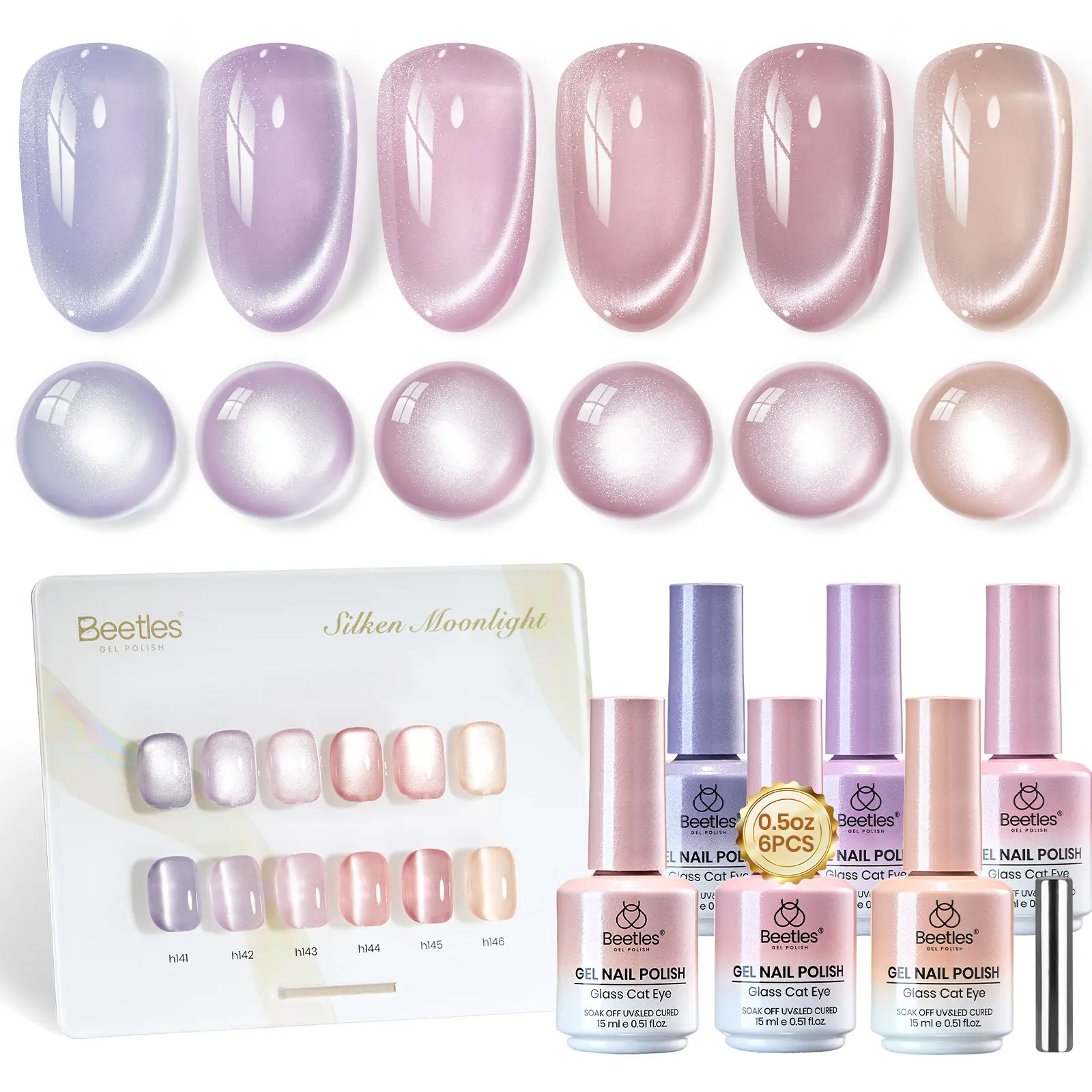 beetles Silken Moonlight Cat Eye Gel Polish Set, 6 x 15ml Magnetic Kit, Soak-Off UV/LED Formula for Easy At-Home Manicures & Nail Art, Nail Polish, Gel Nails At Home