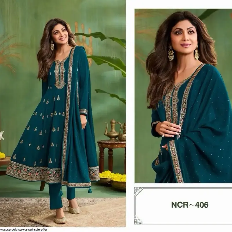 Teal Embroidered Readymade Anarkali Salwar Suit BIG SIZE SHILPA SHETTY SUIT*     100% original