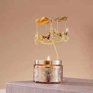 Rotating Carousel Candle Holder with Rocking Horse Motifs Gold-Plated Decorative Gift Set for Women Birthday Valentine's Day Home Aromatherapy Ornaments Metal Floral Light