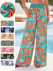 Spring Summer Casual Floral Print Long Pants for Women, New Loose High Waist Wide Leg Pants, Comfortable and Stylish Fashion Bottoms