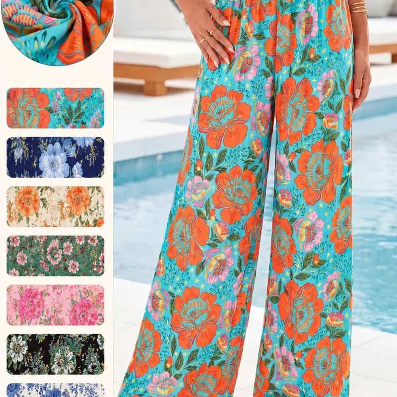 Spring Summer Casual Bohemian Boho Everyday Floral Print Baggy Long Pants Trouser for Women, New Loose High Waist Elastic Wide Leg Pants, Comfortable and Stylish Fashion Bottoms, High Waisted Pants