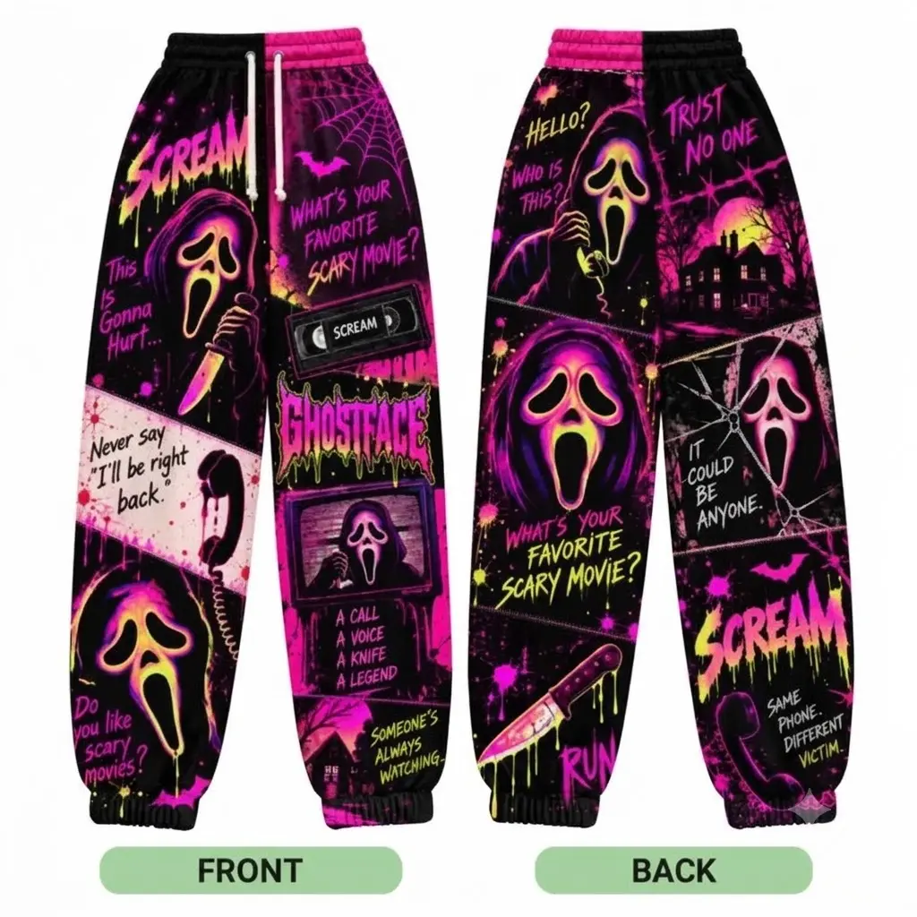 Ghostface Horror Loose & Cuff Sweatpants | Scream Inspired Neon Graphic Wide Leg Pants | Halloween Slasher Movie Streetwear | Unisex Baggy Pants For Men & Women