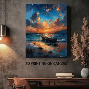 2D Flat, 1 Piece Framed 2D Canvas Wall Art - Boat and Sunset by the Sea - Vibrant Coastal Decor for Living Room, Bedroom, or Office - Serene Landscape of Majestic Sky and Tranquil Waters, Interior Decoration, Coastal Home Decor