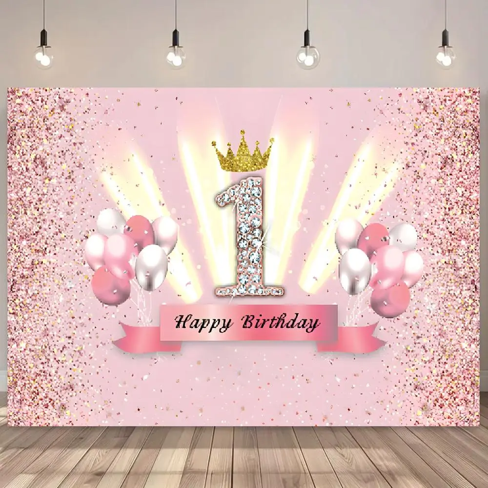 1pc 2D Flat Polyester Party Decorations Banner - 1st Birthday Theme Backdrop with Pink Glitter, Balloons Print for Glam Party Decor, Party Decorations Banners