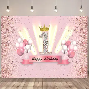 1pc 2D Flat 1st Birthday Celebration Backdrop: Pink Glitter and Balloons - Polyester Banner for Party Decorations White