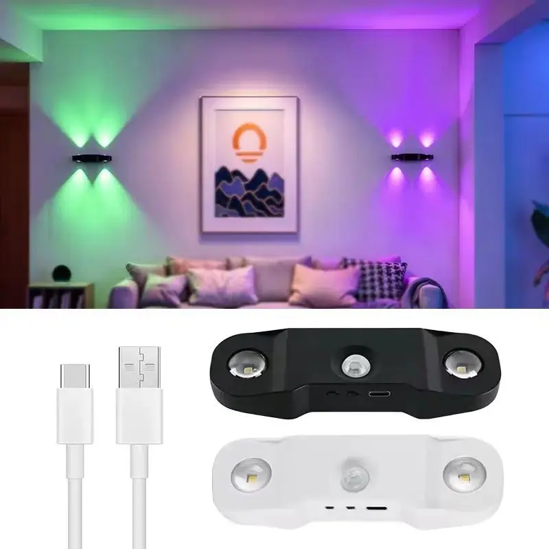 2PCS Portable Mini Bi-Directional Ambient Light, USB Rechargeable,RGB And Tri-Color Light Options, Suitable for Bedroom, Cabinet Light, Hallway, Room, Home Decor Ambient Light motion sensor night light