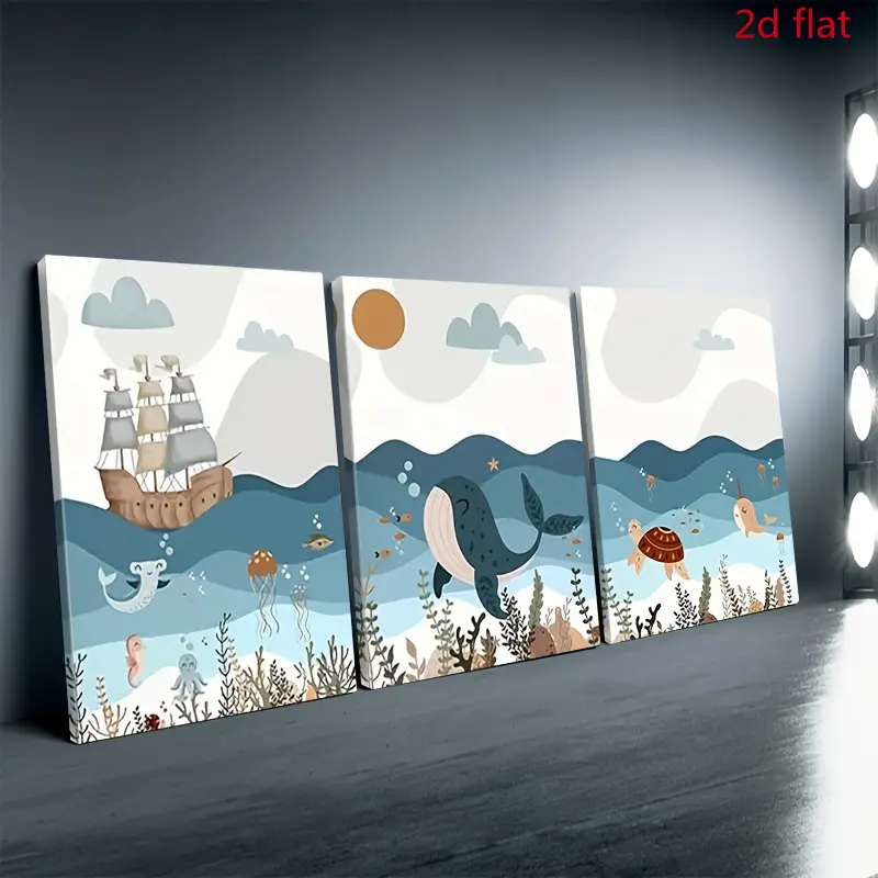 Two-dimensional plane, this product is a two-dimensional framed artwork, featuring cartoon depictions of deep-sea animals. This three-piece canvas print decorative set is a nautical-themed marine animal wall art, suitable for home interior decoration (wal