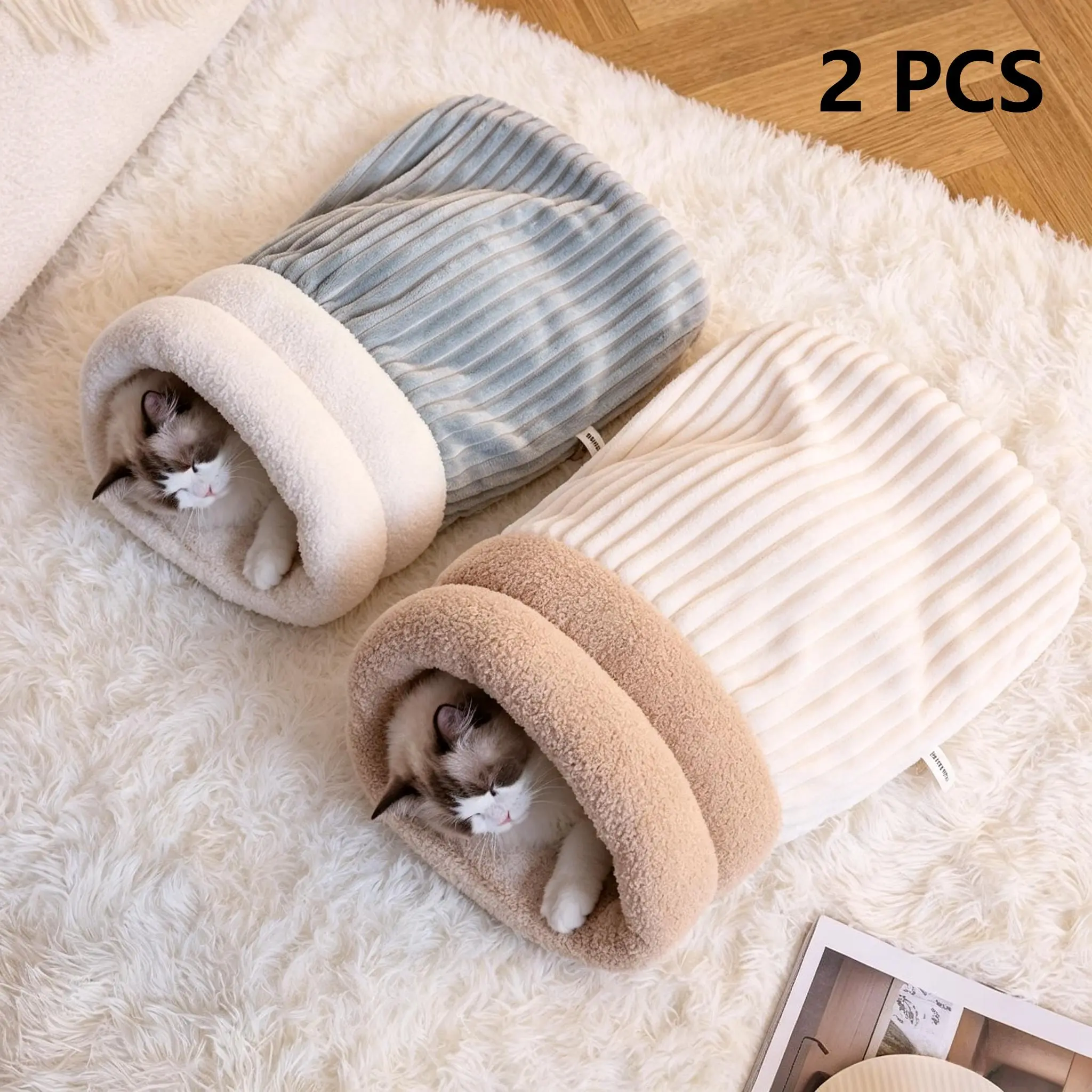 2 PCS Cat Sleeping Bag Pet Bed Fleece Sleep Pocket Kittens Puppies Cave Cozy Winter Soft Plush Cat Sack Self Warming Cat Cave Bed for Indoor Cats, Calming Sleeping Bag Bed, Cat Hideaways Pet Snuggle Sack for Puppy
