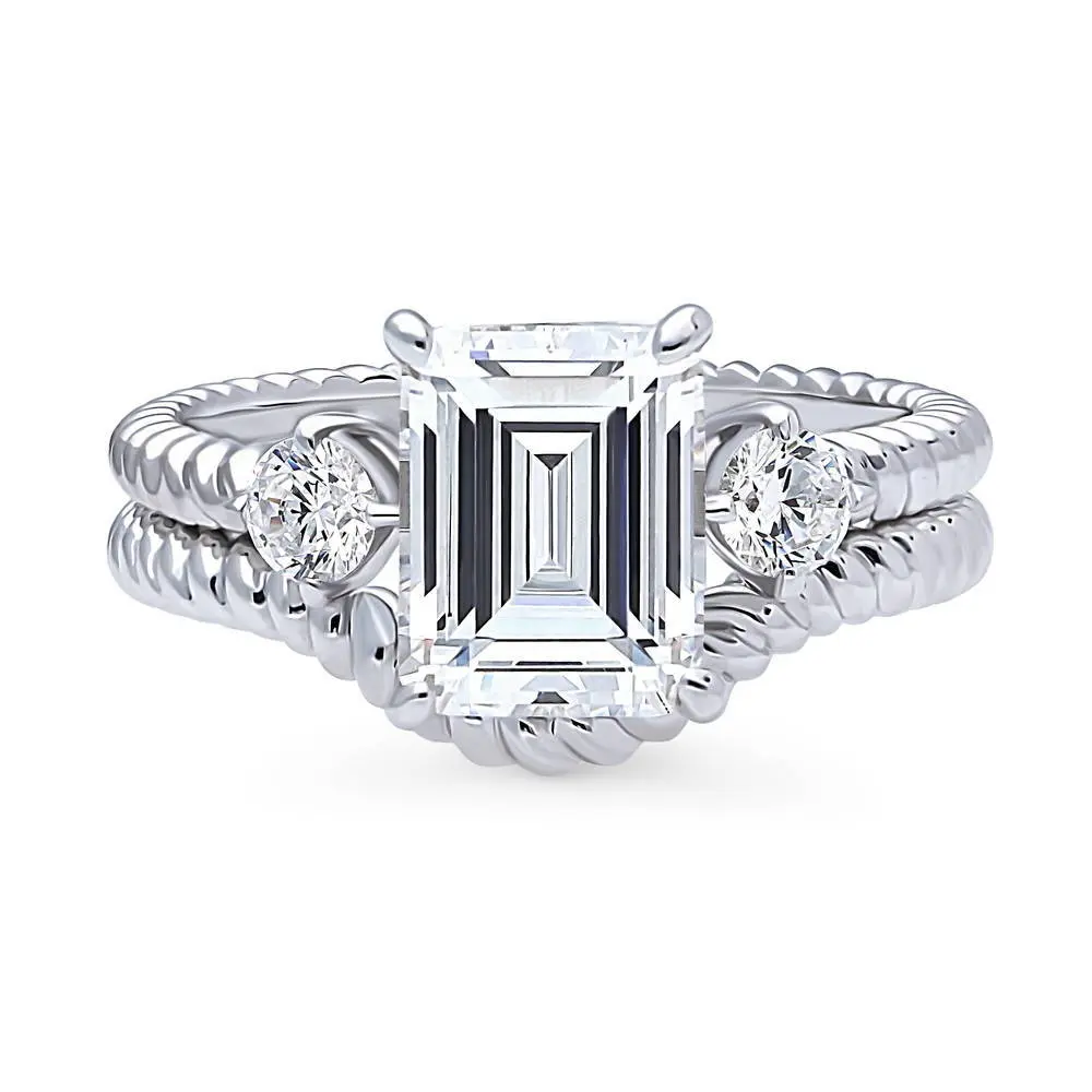 BERRICLE Sterling Silver 3-Stone Woven Wishbone Chevron Engagement Rings Statement Stackable Band for Women, 2.6 Carat Emerald Cut Cubic Zirconia CZ Ring Set