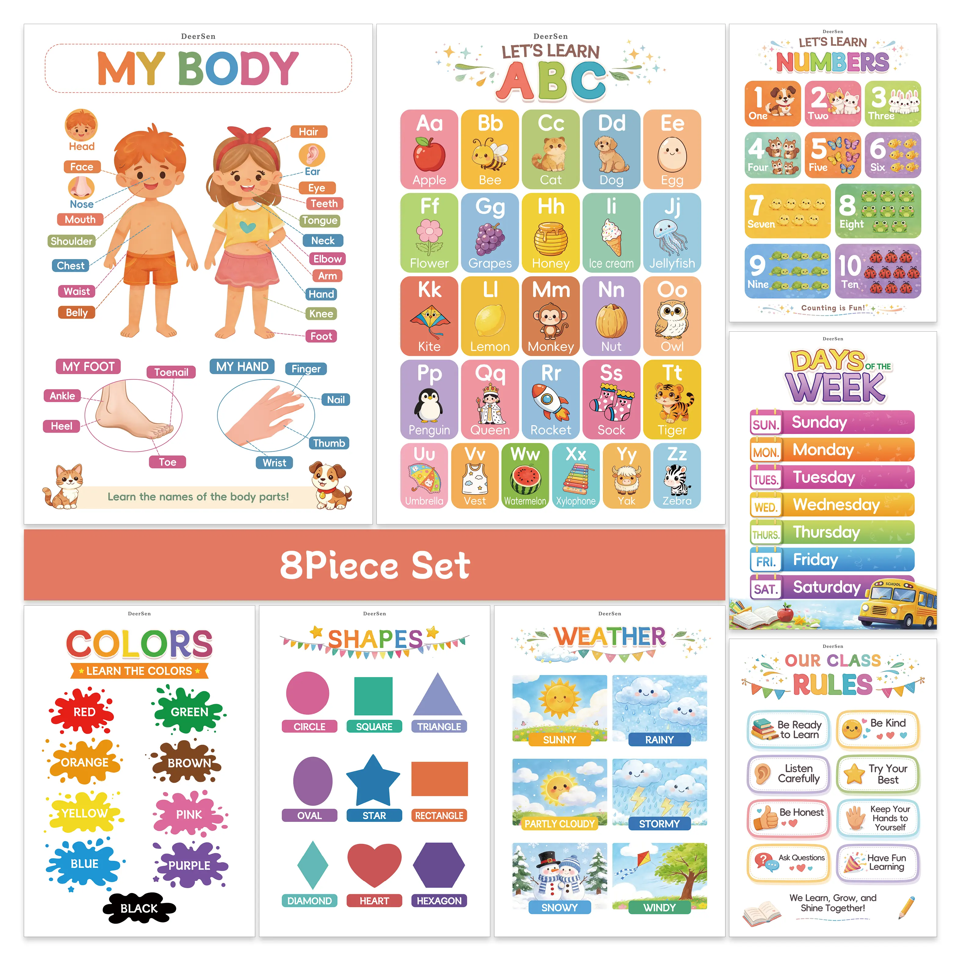DEESEN Kid-Friendly Toddler-Prek Early Learning Posters (42*28cm) - Preschool Educational Posters for Kids, ABC, Numbers, Colors, Shapes, Weather, Body Parts, Days of the Week, Classroom Rules, Homeschool Decor