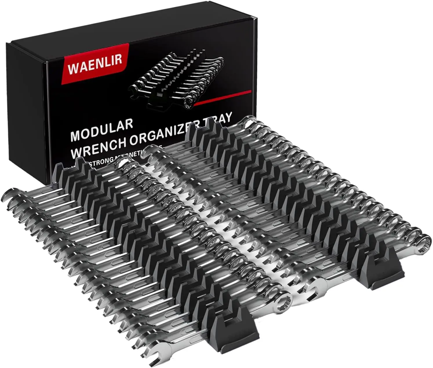 48PCS Magnetic Modular Wrench Organizer Tray - Metric/SAE Labeled Tool Drawer Storage Rack, Magnetic Holder, Ideal Gift for Mechanics (Black)