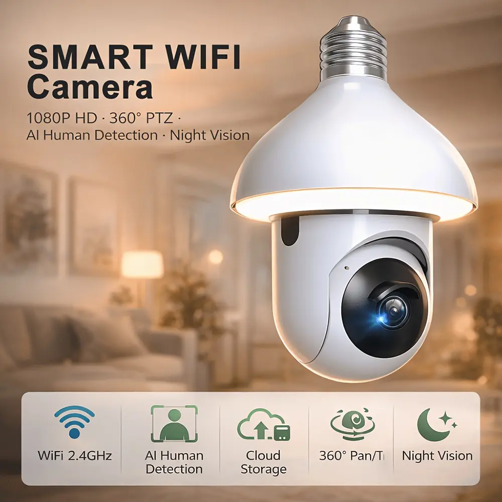 Light Bulb Security Camera,E26/E27 Base Easy Install, 2 in 1 light and camera,1080P WiFi Front Door Camera with 360° PTZ AI Tracking, Full Color Night Vision 2-Way Audio,Pet Monitoring camara hd video