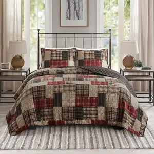 360 stand 3-Piece Timber Reversible Printed Patchwork Channel Quilted King Comforter Set, Red & Black, 104x94x0.25in, California King Size Option, Rustic Cabin Vibe, King Comforter Sets, Three-Piece