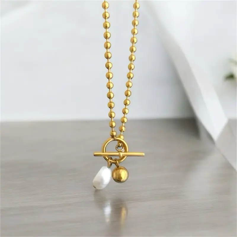 Pearl Toggle Necklace 316L Stainless Steel with 18k Gold Plating, Featuring Pearl Pendants & Gold-Colored Chain