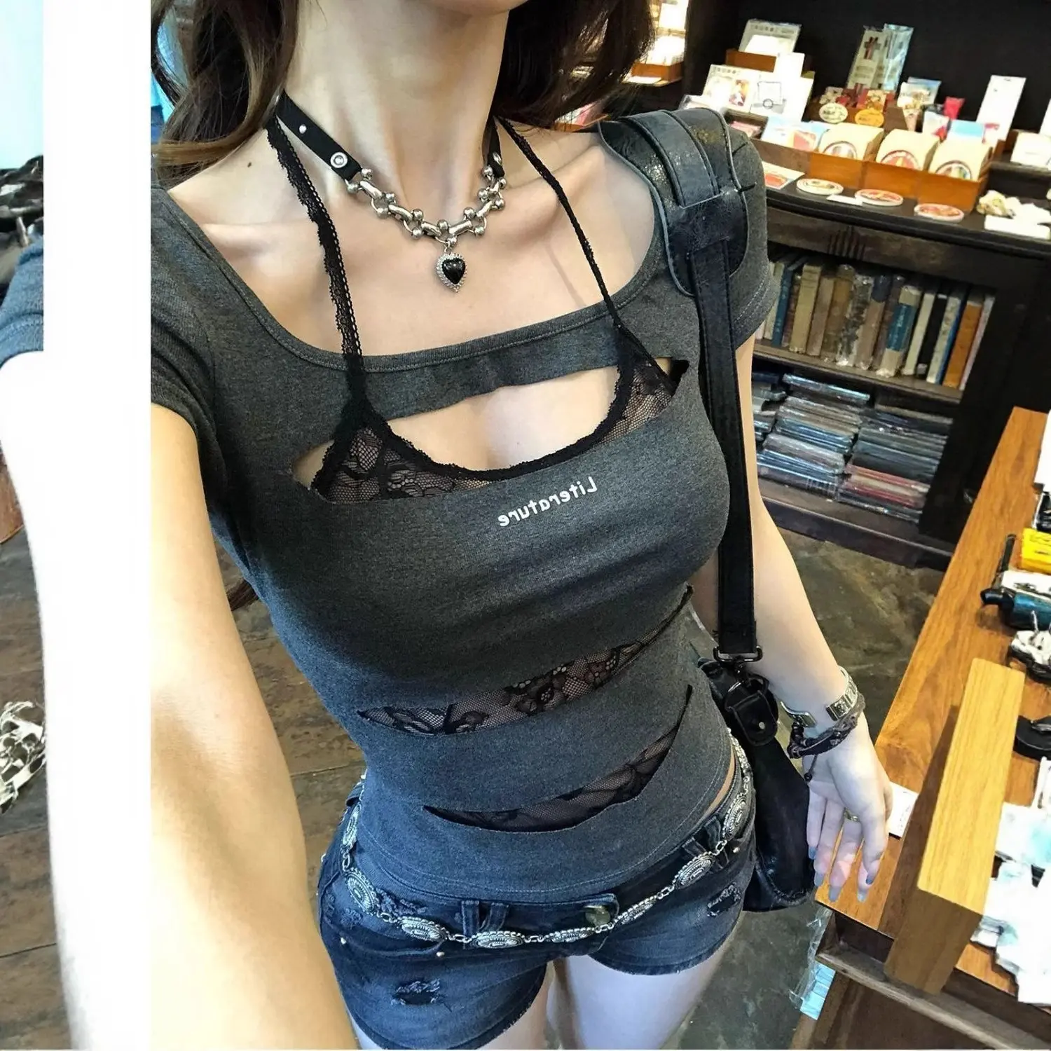 Y2K Grunge Layered Look Short Sleeve Top Hollow Cut‑Out Lace Mesh Fitted Blouse
