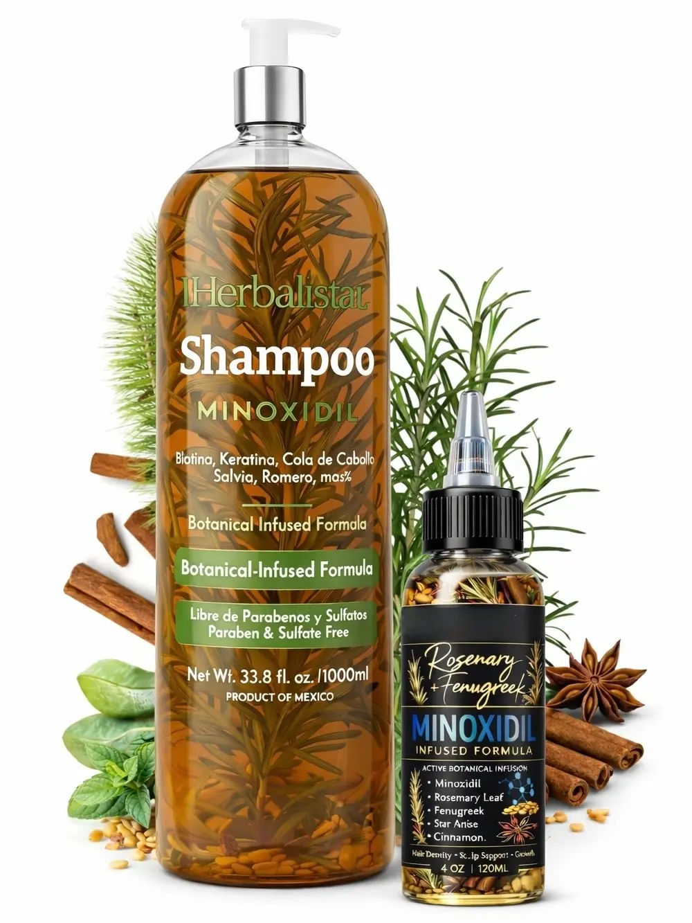 (Combo) 1,000ML Herbalista Minoxidil 5% shampoo + 120ML Minoxidil Hair Oil W/ Pcs of Rosemary ,Cinnamon, Aloe, Mint real Botanicals for hair growth , hair loss prevention shampoo