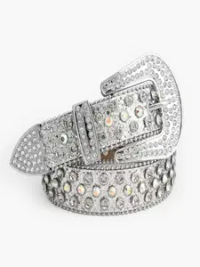 Punk Style Rhinestone Decorated PU Buckle Belt, Bling Western Belt, Fashion Cross Belt for Party, Daily Clothing Decor, Trendy All-match & Exquisite Belt for Birthday Gift