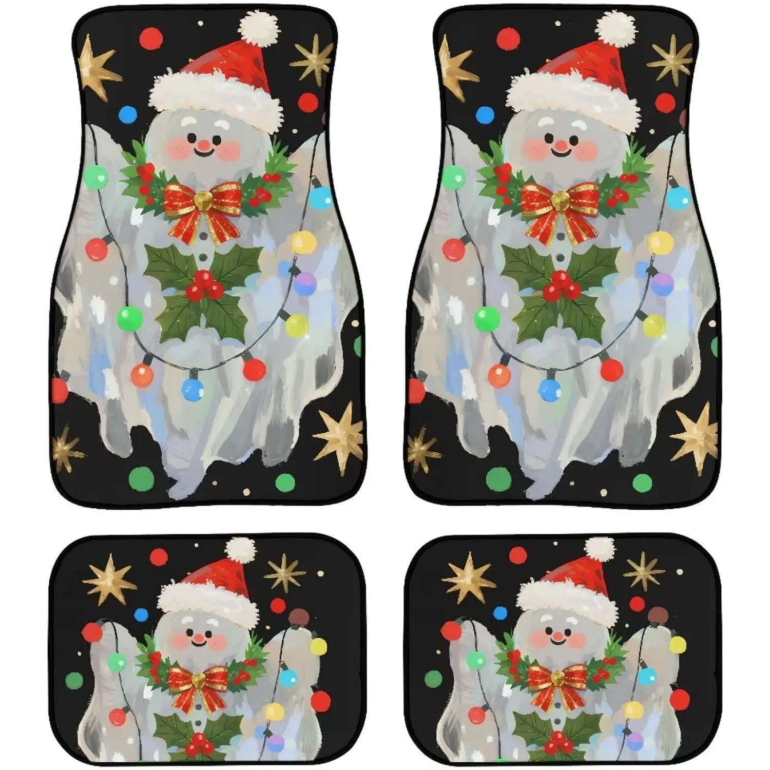 Christmas Ghost Car Floor Mat Cute Cartoon Christmas Hat Ghost 4PCS Front and Rear Mats Floor Mats Heel Pad Xmas Mistletoe Fit for SUV Van Truck ﻿