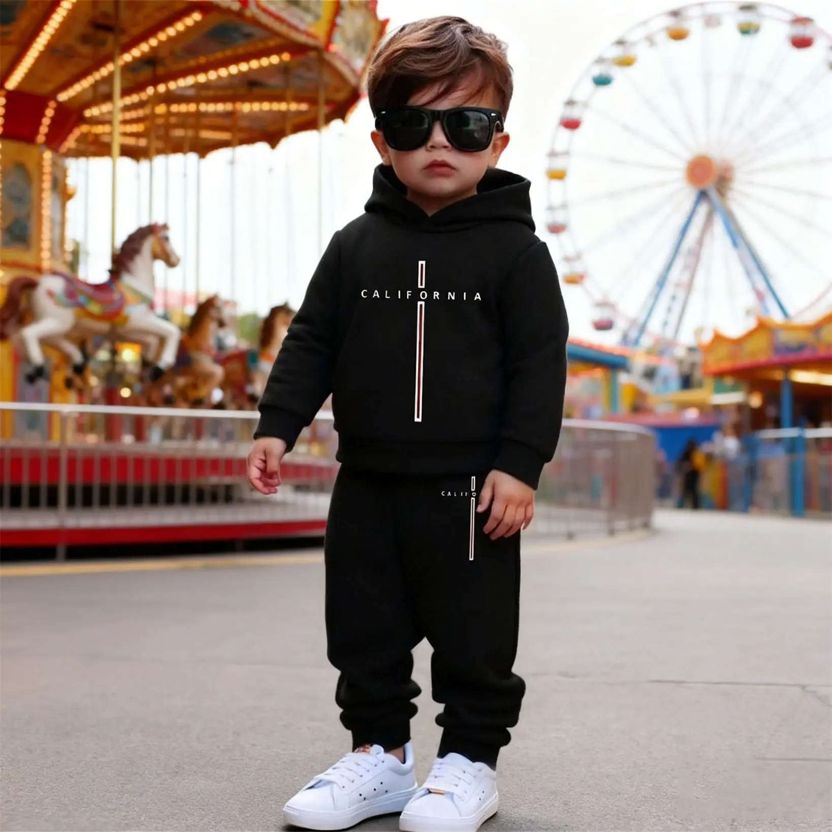 Unisex New York print hooded tracksuit for children and boys, featuring a fleece-lined sweatshirt and jogging pants, perfect for casual indoor and outdoor wear in fall and winter.