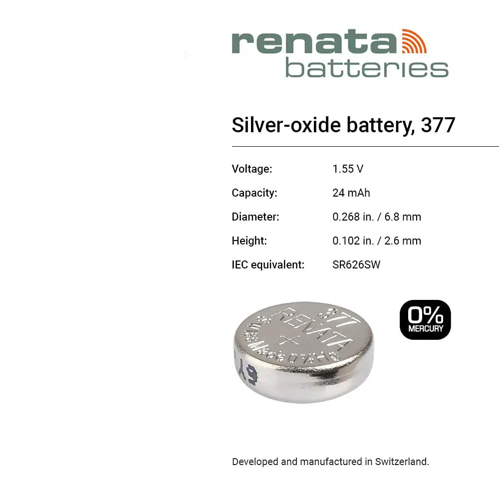 Renata 377 SR626W Silver Oxide Watch Battery 1.55V Coin Cell Button Electronic 24mAh Long Lasting Reliable for Watches Calculators Toys