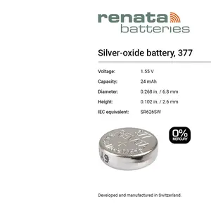 Renata 377 SR626W Silver Oxide Watch Battery 1.55V Coin Cell Button Electronic 24mAh Long Lasting Reliable for Watches Calculators Toys