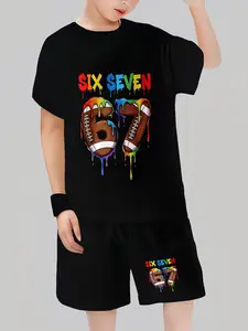 Trendy Rugby Number 67 Printed Set, Youth Kits, Colorful Drip Design, Boys Street Style Short Sleeve Two-Piece, Casual Fit, All Seasons