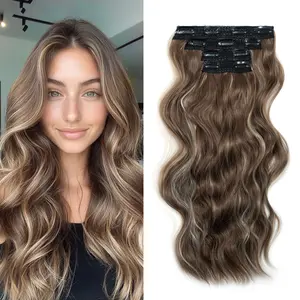 Qbeauty Almond Brown Balayage Clip-in Synthetic Hair Extensions - Women's 4PCS Long Wavy Thick Double Weft Multi-Shade Natural Look Synthetic Soft Hairpieces