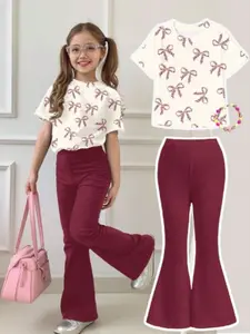 Cream Vintage Fashion Sweet Mini Cute Bow Pattern Set, Vintage Girly Clothes, Casual Loose Fit Round Neck Short Sleeve T-Shirt & Tight Bell Bottoms Two-Piece