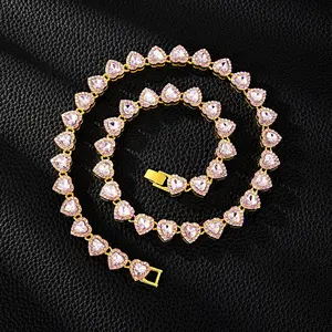 Unisex Skin-Friendly Pink Heart Tennis Chain, Low-Tarnish Gold-Tone Costume Jewelry Necklace