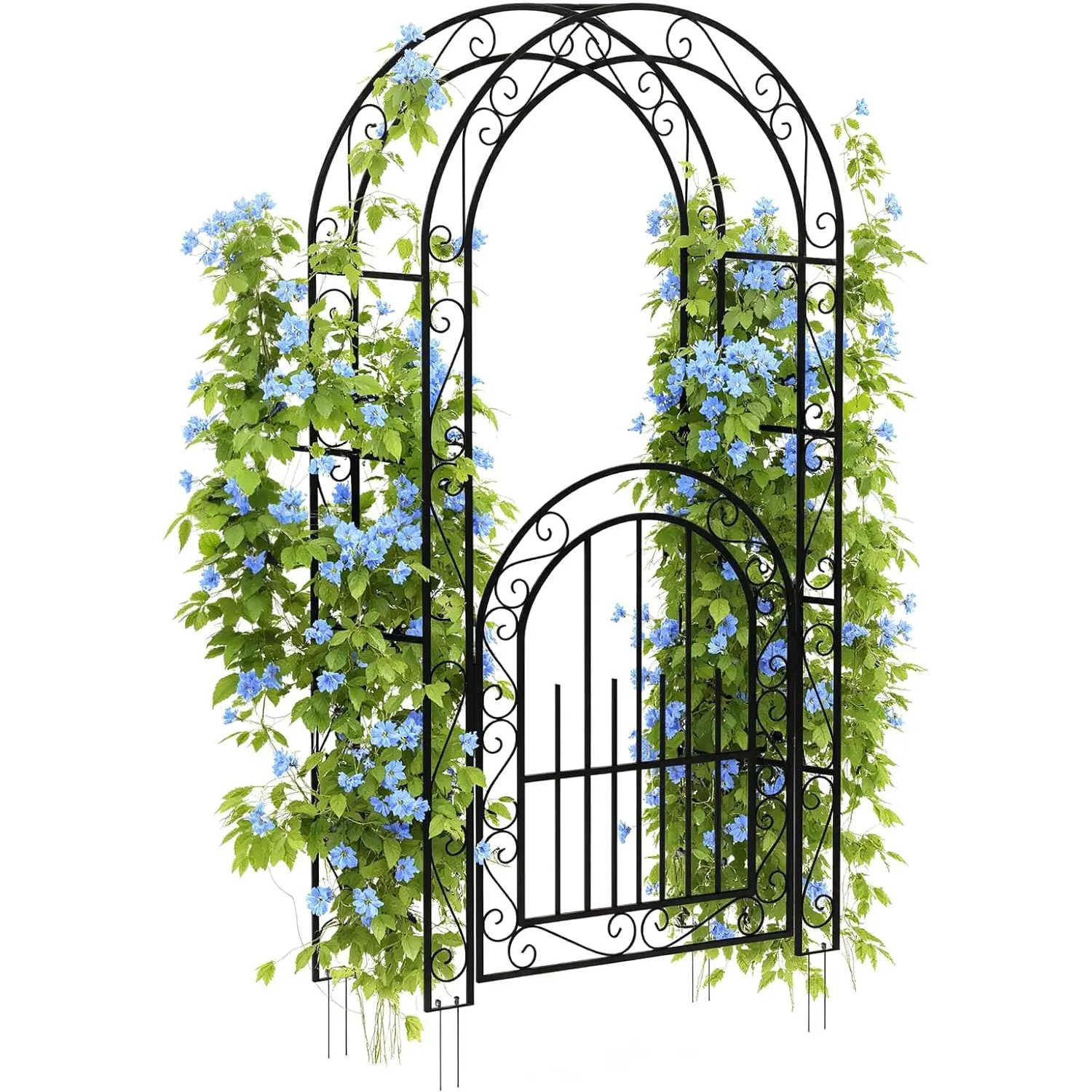 7 FT Elegant Garden Trellis & Wedding Arch with Gate - Romantic Metal Garden Arch for Climbing Roses & Flowers, Decorative Iron Arbor for Backyard, Patio or Lawn Ceremonies, Classic Black