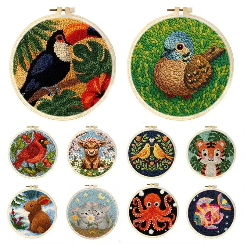 20x20cm Punch Needle Embroidery Kit With Frame Animal Embroidery Set with Hoop Picture Kit Rug Tufting Craft New Gift