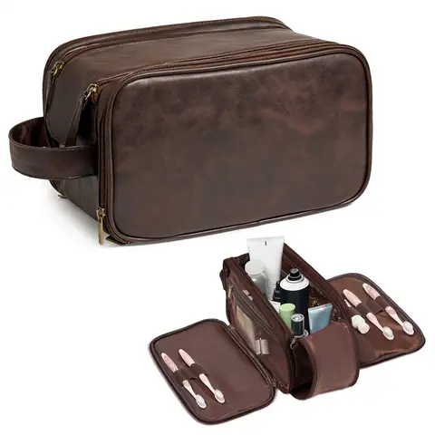 Men's Waterproof Personalized Leather Toiletry Travel Bag - Engraved Initials & Mountain Design, Travel Essentials, Gifts for Him (Birthday, Boyfriend, Unique Man, BF Options), Birthday Gifts For Him