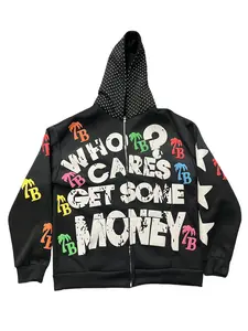 2026 American Retro Street Hip-Hop Style Letter Foaming Print Zipper Hoodie Men's Loose Sweatshirt