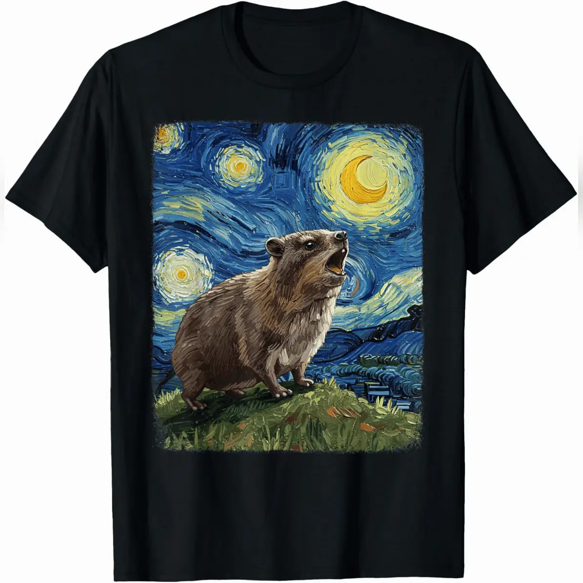 Men's Rock Hyrax Van Gogh T-Shirt, Funny Graphic Streetwear Tee in 100% Cotton, Relaxed Fit Short Sleeve Round Neck, Menswear, Tshirt, Eco-Friendly, All Seasons