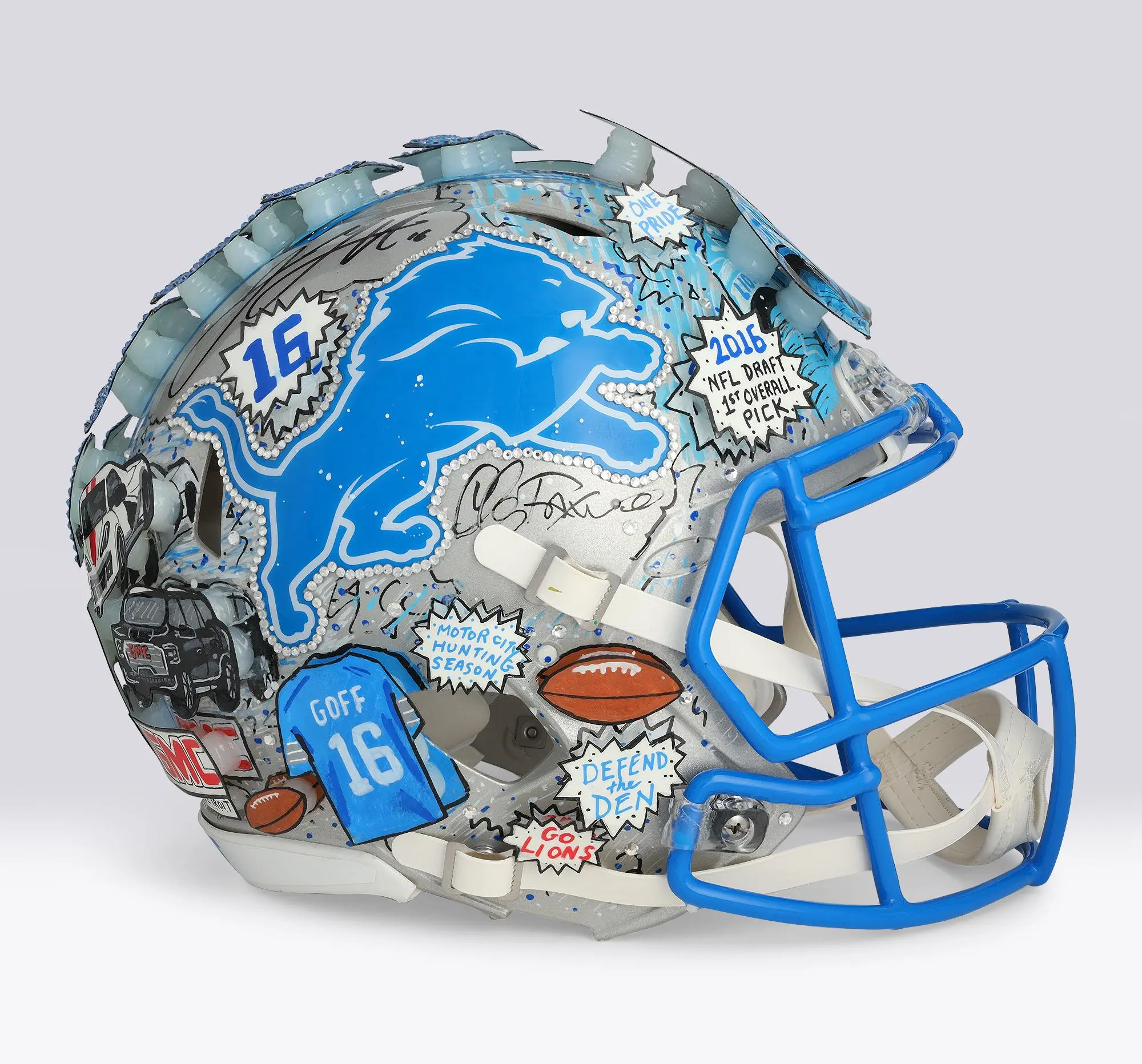 Jared Goff Detroit Lions Autographed 2024 Riddell Speed Authentic Helmet - Art by Charles Fazzino - WN55916652 - Fanatics Authentic Certified