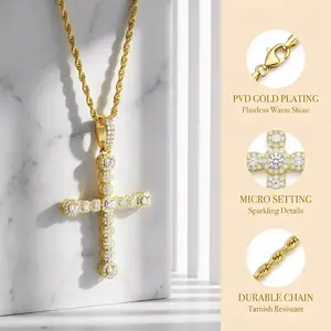 [3-PIECE SET] Iced Out CZ Cross Necklace for Men Women & Teens, Buy 1 Get 1 FREE Earrings Gift – Gold/Silver Plated Faith Jewelry