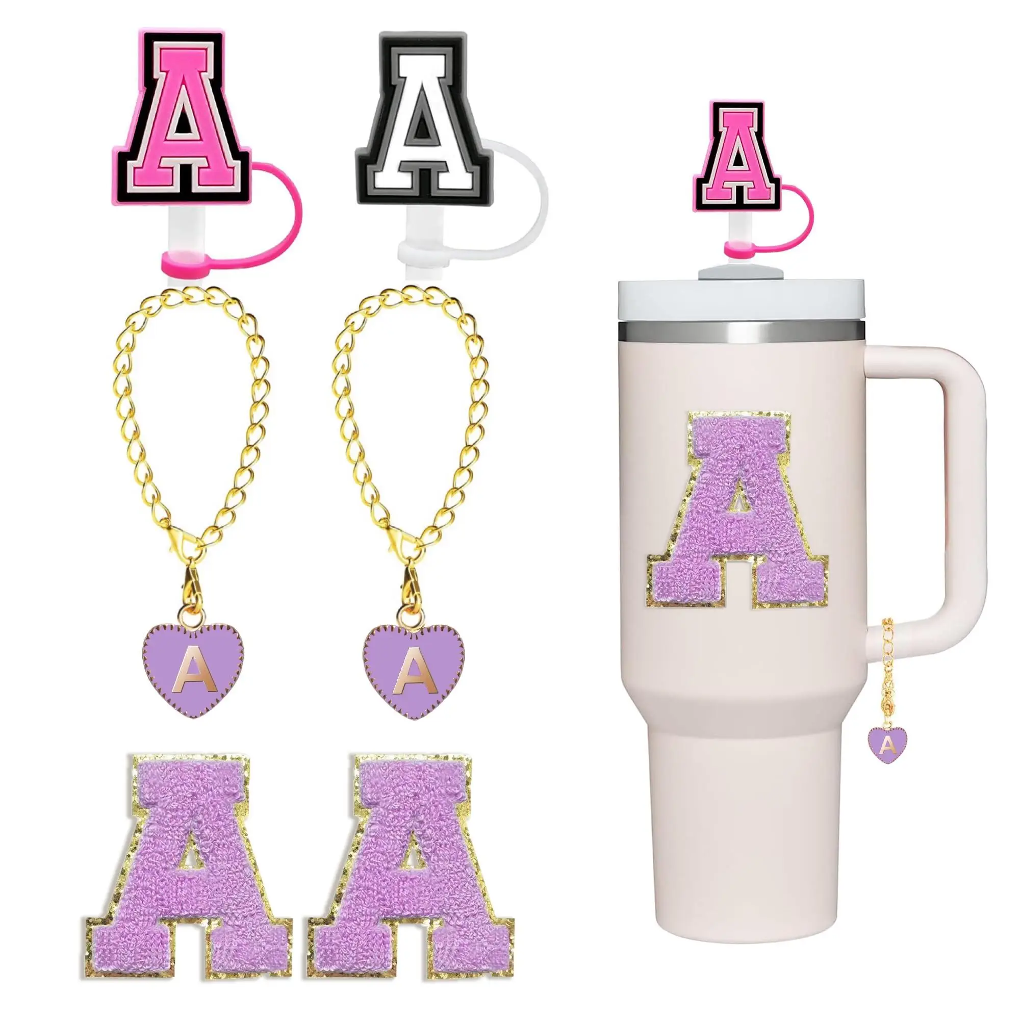 Cup Accessories, 6 Counts/set Including 2 Letter Handle Charm, 2 Chenille Cup Sticker and 2 Straw Toppers, Charm Set for Stanley Tumbler Cup, Boyfrien