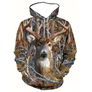 S-6XL [Natural Style Hoodie] Outdoor Casual Men's 3D Antlers Printed Hoodie Sportswear Full Zipper Long Sleeve with Pocket Hoodie, Machine Washable Regular Edition, Natural Style Clothing, Detail PatternRAIMENTRY