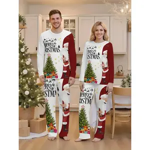 Couples’ oversized Christmas long-sleeve top and long pants loungewear/pajama set, Christmas tree and letter print, crew neck design, ideal for family gatherings and as a Christmas gift