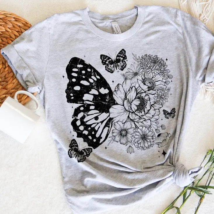 Women's Bella Canvas Butterfly Floral Graphic Tee, Vintage Aesthetic Cute Tops for Women