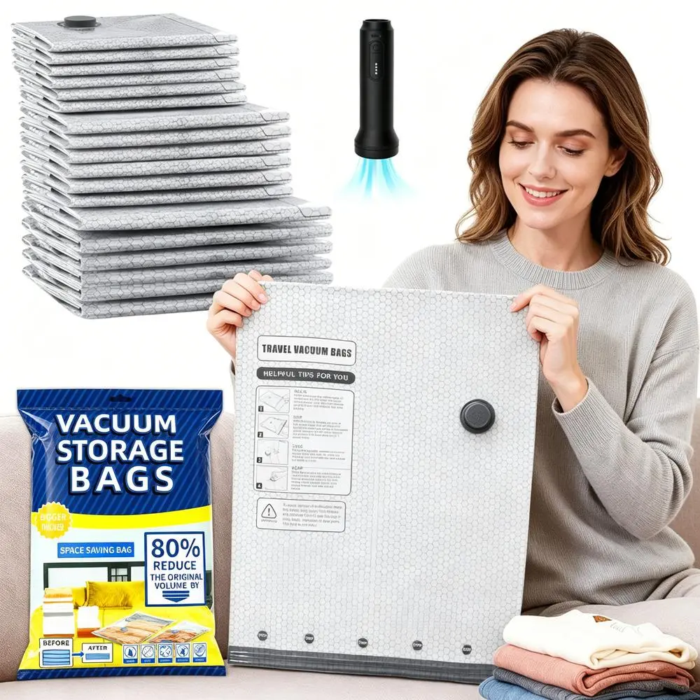 Travel vacuum bags (140 L/min rapid vacuum compression kit), cordless wireless hand pump, multi-count storage organizers for campus and road trips
