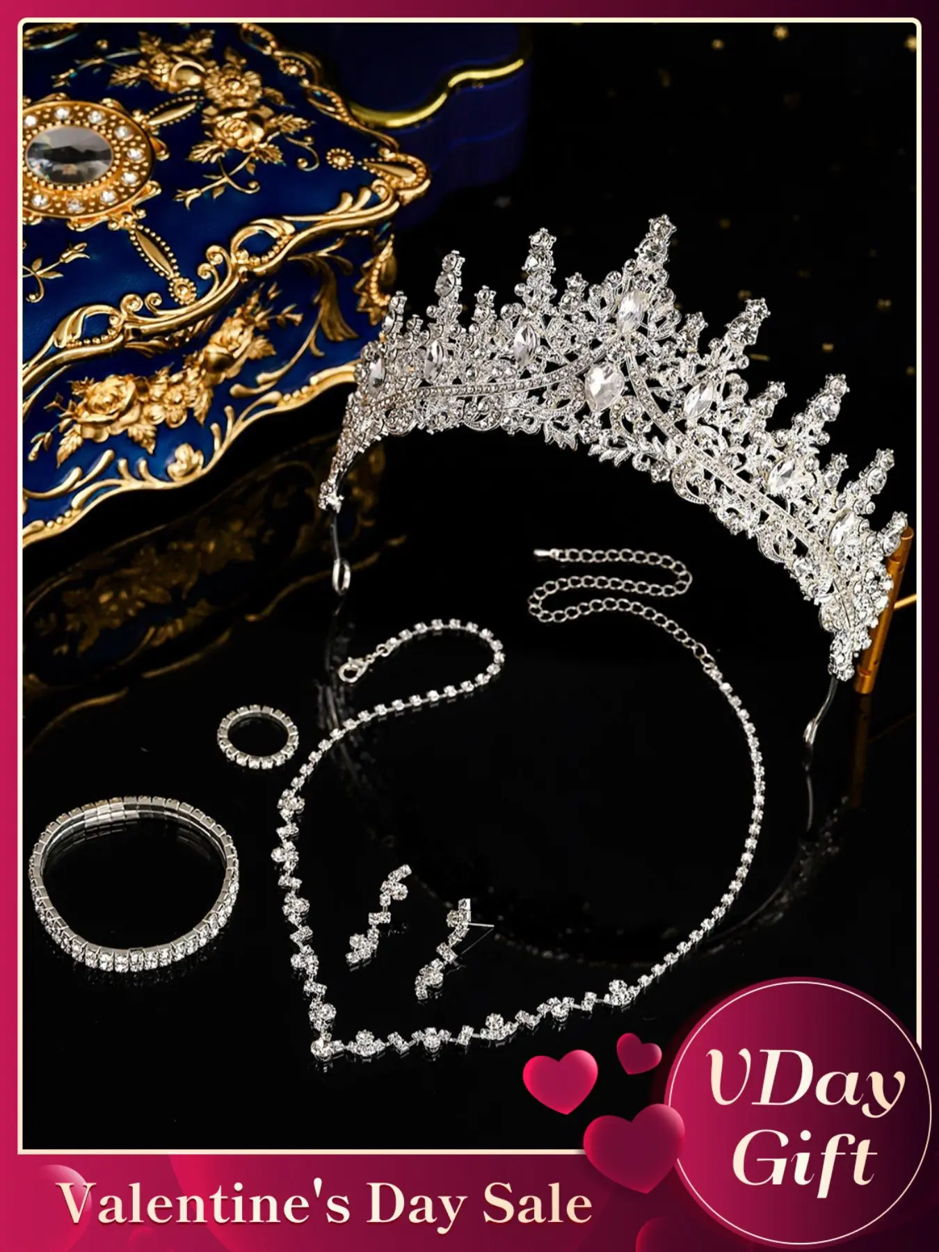 Elegant Rhinestone Decorated Crown & Necklace & Ring & Earrings & Bracelet, Wedding Bridal Jewelry Set, Fashion Accessories for Party, Daily Clothing Decor, Elegant Crown Design, Jewellery