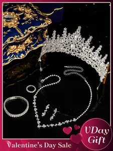 Elegant Rhinestone Decorated Crown & Necklace & Ring & Earrings & Bracelet, Wedding Bridal Jewelry Set, Fashion Accessories for Party, Daily Clothing Decor, Elegant Crown Design