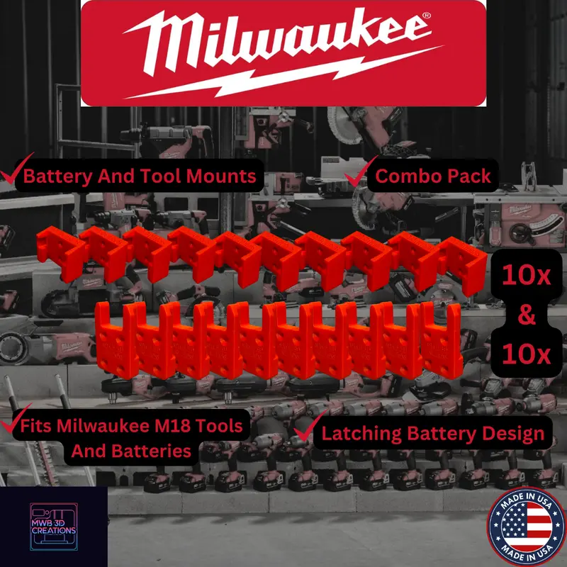 20 Piece Combo Pack! Milwaukee M18 Battery And Tool Mounts/Holders/Hangers -Heavy Duty tool holder organizer garage tool rack