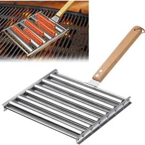 Stainless Steel Hot Dog Roller Grill Rack, Extendable Wooden Handle, Uniform Cooking BBQ Sausage Roller, Holds 5 Hot Dogs
