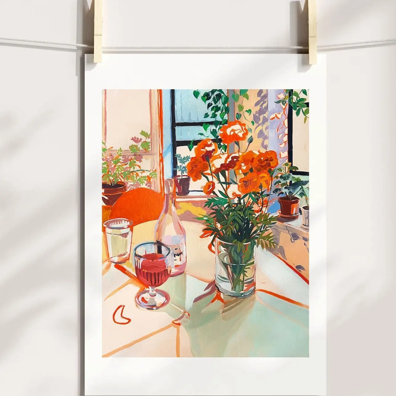 Marigolds and Rosé Wine Wall Art, Giclée Still Life Print, Vintage Floral Oil Painting, Botanical Kitchen Decor, Elegant Home Artwork | Unframed O