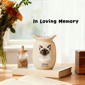 Cat Urn with Candle – Personalized Ceramic Memorial Urn for Pet Ashes, Custom Name & Dates