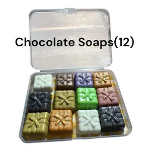Chocolate Soaps - 12 Soaps Enriched with Camel Milk, Sweet Almond Oil, Vitamin E in Colorful Designs in Clear Container